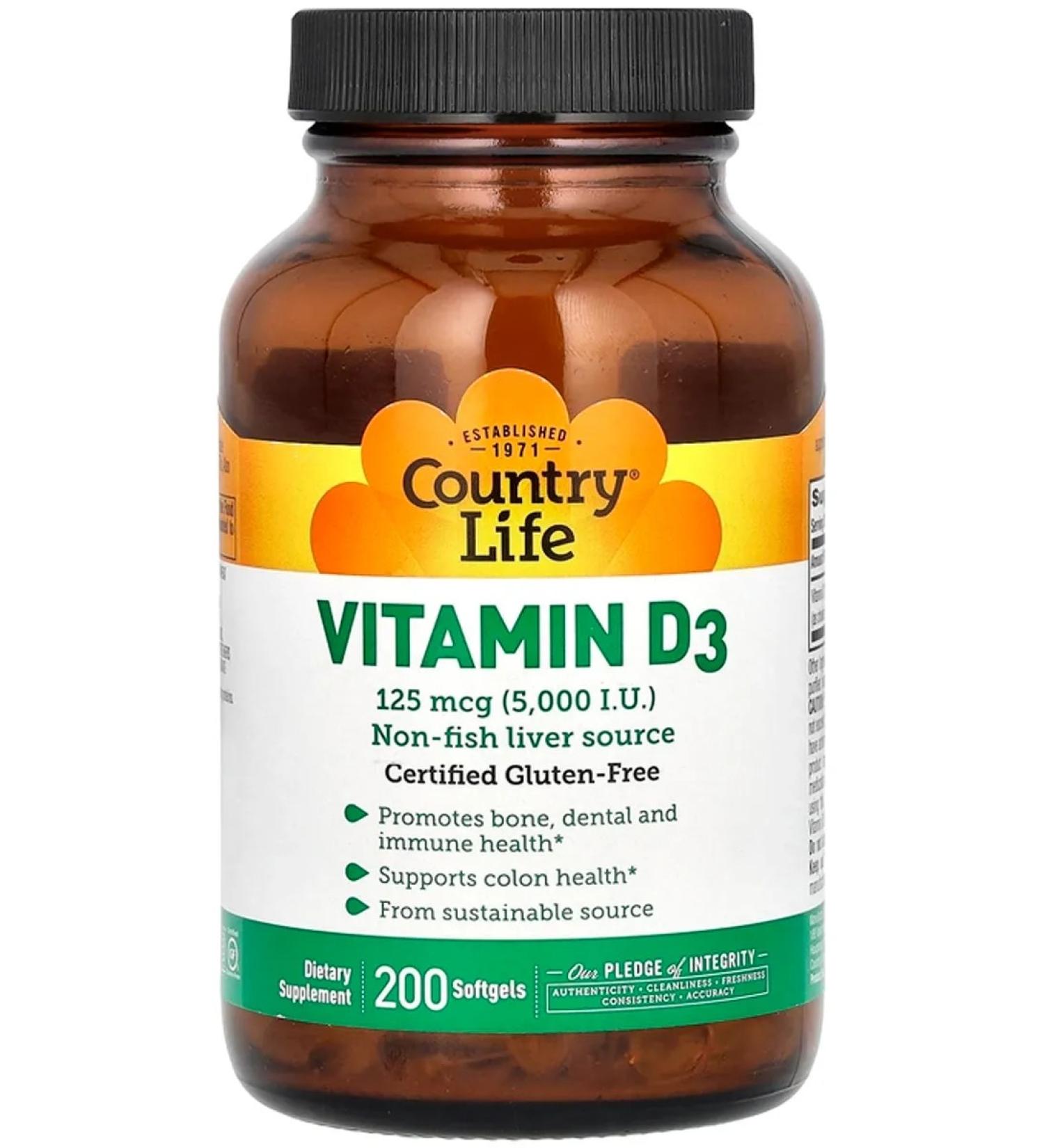 Country Life Vitamin D3 (Vitamine D3) 125 g (5000 IU) 200 capsules