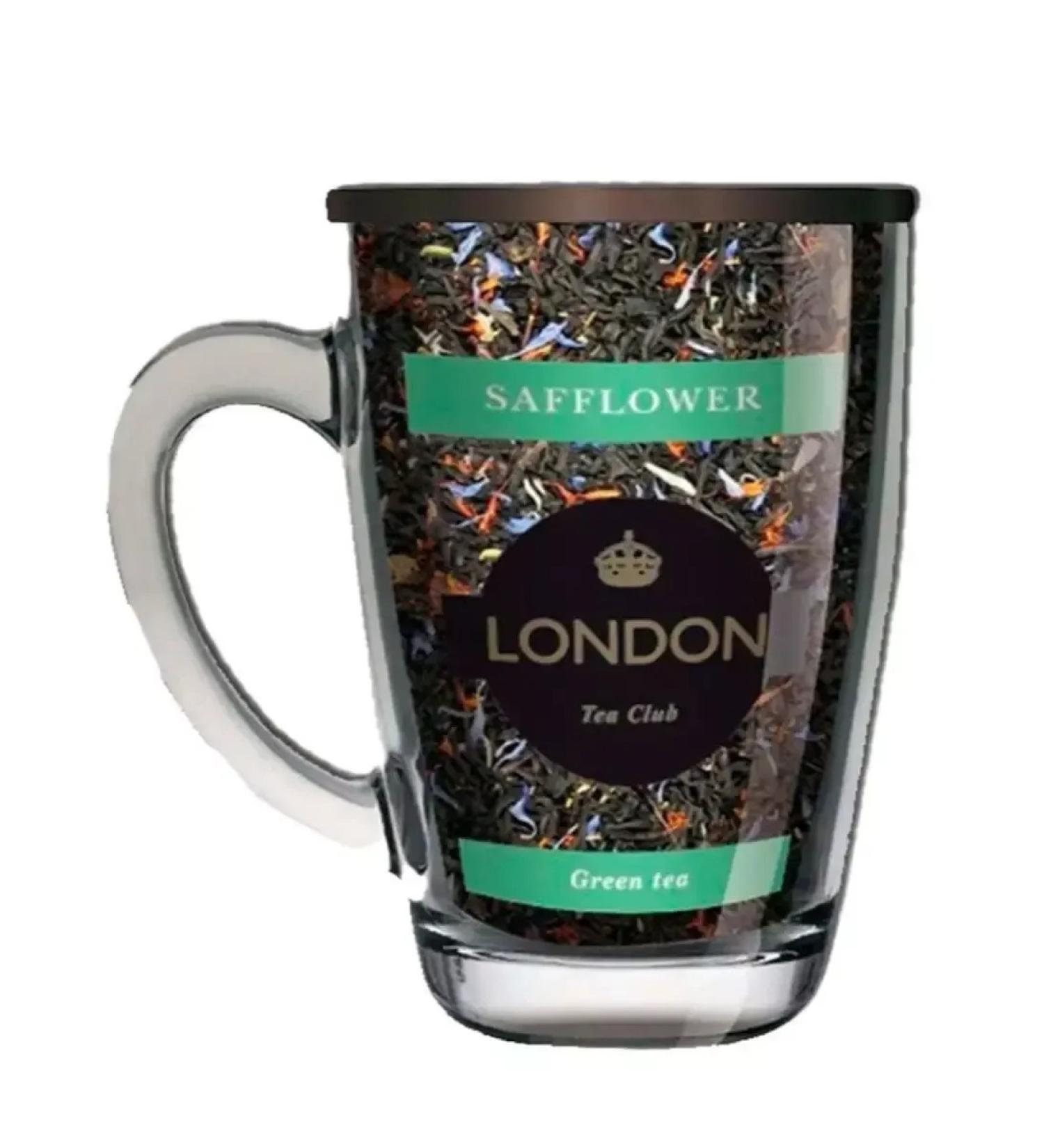 LONDON TEA CLUB Green saflore tea in a glass mug