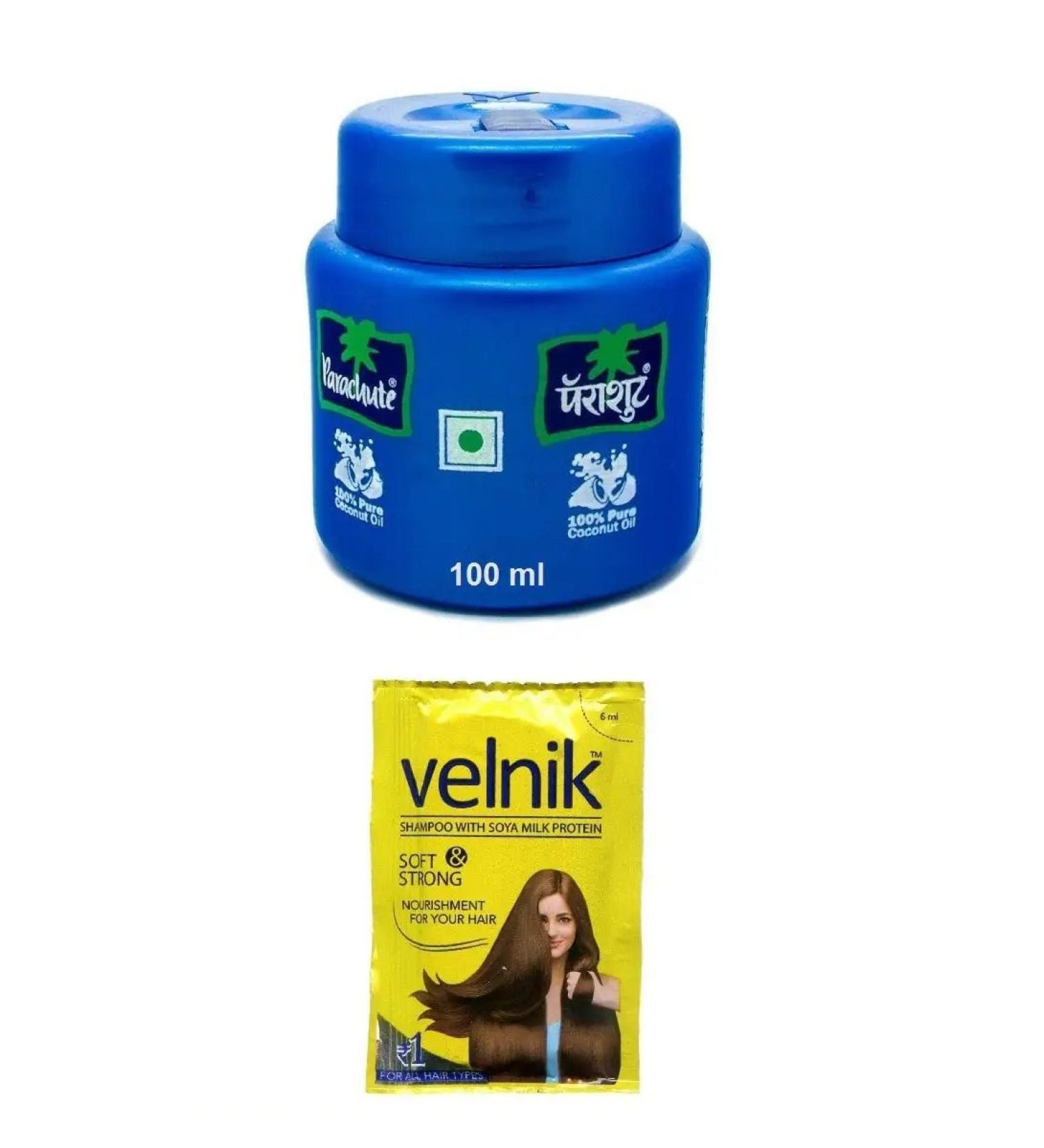 Set: Parachute Coconut Oil for Hair and Body 100 ml + 1 sachet of shampoo 6 ml