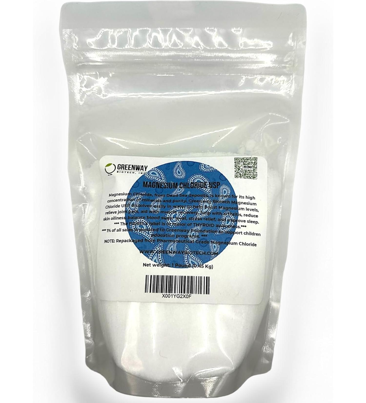 Greenway Biotech Magnesium Chloride USP Supplement - 100% Edible Powder, Pharmaceutical Grade - Relieves Aches & Improves Sleep - 1lb Pack - Buy Online on GoSupps.com