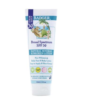 Badger Company Clear Daily Natural Mineral Sunscreen Lotion Clear Zinc SPF 30 Unscented 4 fl oz (118 ml)
