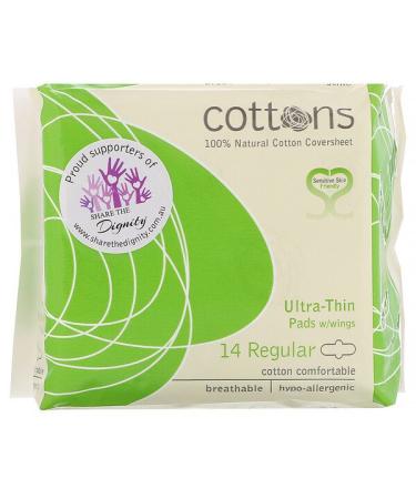 Cottons 100% Natural Cotton Coversheet Ultra-Thin Pads with Wings Regular 14 Pads