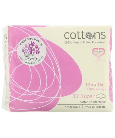 Cottons 100% Natural Cotton Coversheet Ultra-Thin Pads with Wings Super 12 Pads