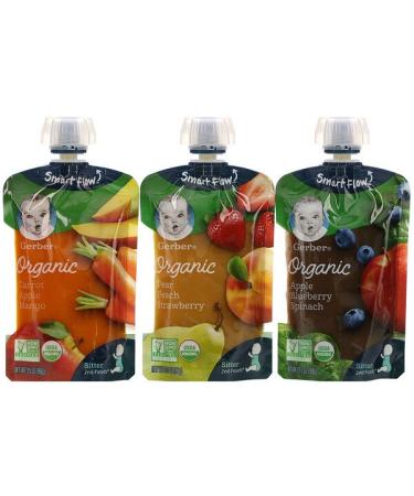 Gerber Organic Value Pack  Pear Peach Strawberry Carrot Apple Mango Apple Blueberry Spinach 9 Pouches 3.5 oz (99 g) Each