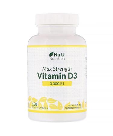 Nu U Nutrition Max Strength Vitamin D3 3000 IU 180 Softgel Capsules