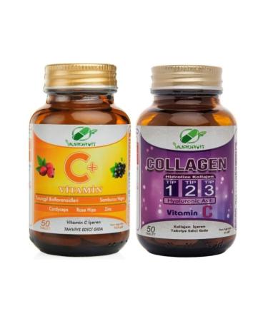 Yurdavit Set 50 Tablets Vitamin C 1000 Mg Hydrolyzed Collagen 900 Mg Type Type 1-2-3 Hyaluronic Acid