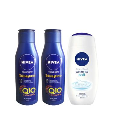 NIVEA 2 Pieces Q10 Body Milk Firming 250 Ml Dry Skin Blue + Creme Soft 250 Ml Shower Gel Gift