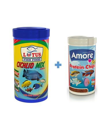 Lotus Cichlid Mix 1000ml + Amore Elite Protein Chips Pro Algae 250ml Aquarium Fish Food