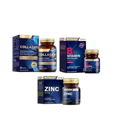 Nutraxin Type 1 and Type 3 Hydrolyzed Collagen 30 Tablets + Zinc 15 Mg 100 Tablets + B12 1000 Mcg 60 Tablets