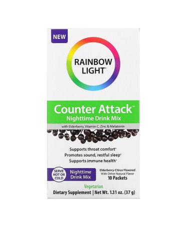 Rainbow Light Counter Attack Nighttime Drink Mix with Elderberry Vitamin C Zinc and Melatonin Elderberry-Citrus 10 Packets 0.1 oz (3.7 g) Each
