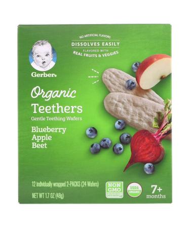 Gerber Organic Teethers Gentle Teething Wafers 7+ Months Blueberry Apple Beet 12 Packs 2 Wafers Each
