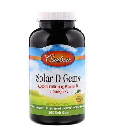Carlson Labs Solar D Gems Natural Lemon Flavor 100 mg (4000 IU) 360 Soft Gels