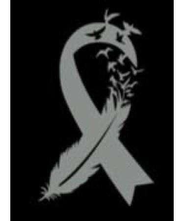 Bird Feather Brain Cancer Ribbon Vinyl Decal | Gray | Made in USA by Foxtail Decals | for Car Windows, Tablets, Laptops, Water Bottles, etc. | 2.7 x 4.5 inch