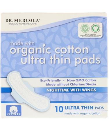 Dr. Mercola Organic Cotton Ultra Thin Pads Nighttime with Wings 10 Pads
