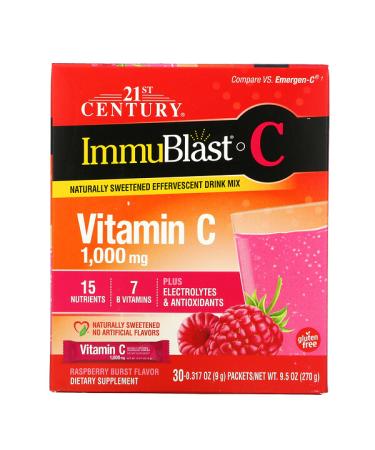 21st Century ImmuBlast-C Vitamin C Effervescent Drink Mix Raspberry Burst 1000 mg 30 Packets 0.317 oz (9 g) Each