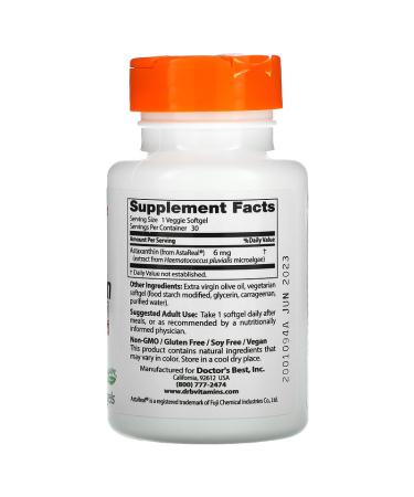 Buy Doctor's Best Astaxanthin 6 mg - 30 Veggie Softgels for Optimal Health - Buy Online on GoSupps.com