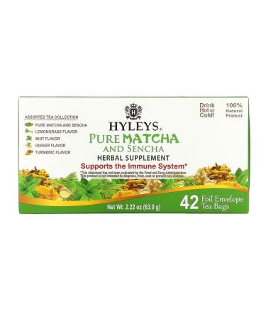 Hyleys Tea Pure Matcha And Sencha Herbal Supplement Assorted Tea Collection 42 Foil Envelope Tea Bags 0.05 oz (1.5 g) Each