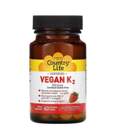 Country Life Certified Vegan K2 Strawberry 500 mcg 60 Chewable Tablets