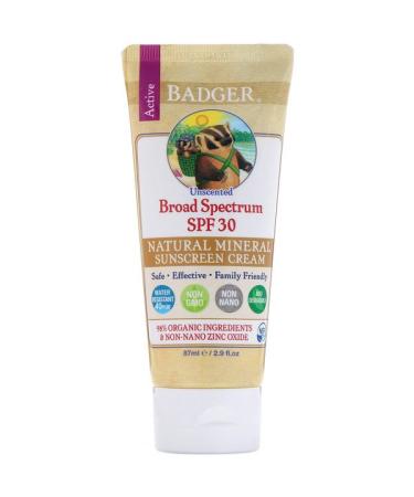 Badger Company Natural Mineral Sunscreen Cream SPF 30 PA+++ Unscented 2.9 fl oz (87 ml)