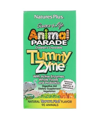 Nature's Plus Source of Life Animal Parade Children's Chewable Tummy Zyme with Active Enzymes Whole Foods and Probiotics Natural Tropical Fruit Flavor 90 Animals