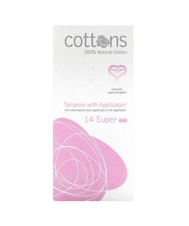 Cottons 100% Natural Cotton Tampons with Applicator Super 14 Tampons