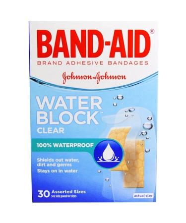 Band Aid Adhesive Bandages Water Block Clear 30 Assorted Sizes