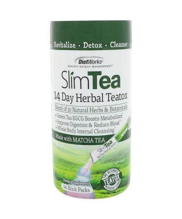 DietWorks Slim Tea 14 Day Herbal Teatox Matcha Tea Raspberry Flavor 14 Stick Packs