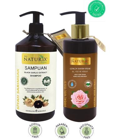 Naturix Unscented Salt-Free Black Garlic Extract Shampoo 600 Ml + Rose Extract Hand Face Body Care Cream 250 Ml