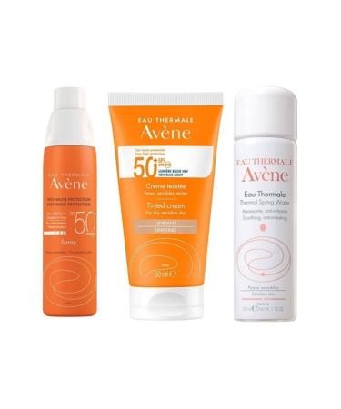 Avene Sun Protection Set 3 - Spray Spf 50+ 200ml - Spf 50+ Tinted Sun Cream 50 Ml Thermal Water 50ml