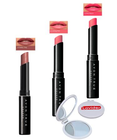 Avon 3-Pack Lipstick - Totally Twig + Lasting Pink + Pink Peach + Lovider Pocket Mirror