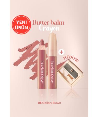 CLIO Creamy Tinted Lip Balm in Pencil Shape & Sharpener CLIO Butter Balm Crayon 005 Gallery Brown