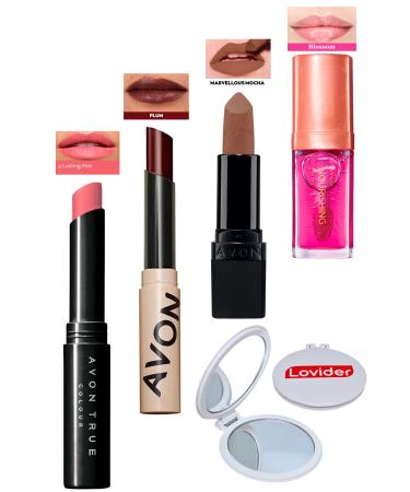 Avon Lasting Pink Lipstick + Tinted Plum + Marvellous Mocha Matte Lipstick + Blossom Lip Oil + Lovider Pocket Mirror