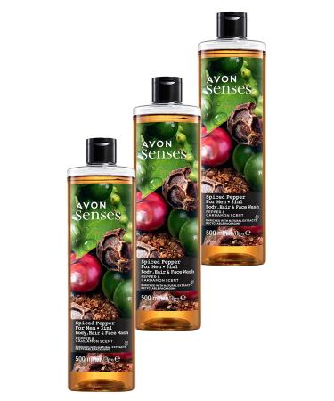 Avon Senses Spiced Pepper Black Pepper and Cardamom Scented Shower Gel for Men 500 Ml. Triple Set