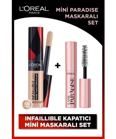 L'Oreal Paris Infaillible 24h All Face Concealer 322 Ivory & Mini Paradise Mascara 4.7 Ml Makeup Set