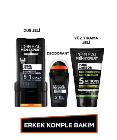 L'Oreal Paris Men Expert Men's Complete Care Set Charcoal Face Wash Gel 100ml + Total Clean Shower Gel 300ml + Roll On