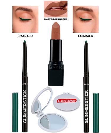Avon Lift Eyeliner Emerald 2 Pack + Marvellous Mocha Matte Lipstick + Lovider Pocket Mirror