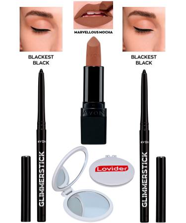 Avon Lift Eyeliner Blackest Black Black 2 Pack + Marvellous Mocha Matte Lipstick + Lovider Pocket Mirror
