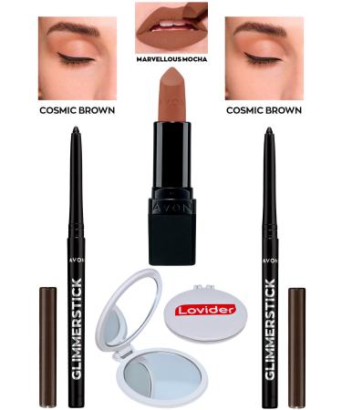 Avon Lift Eyeliner Cosmic Brown 2 Pack + Marvellous Mocha Matte Lipstick + Lovider Pocket Mirror
