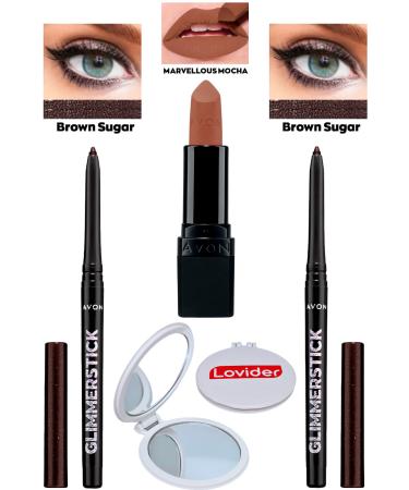 Avon Eyeliner Glitter Brown Sugar 2-Pack + Marvellous Mocha Matte Lipstick + Lovider Pocket Mirror