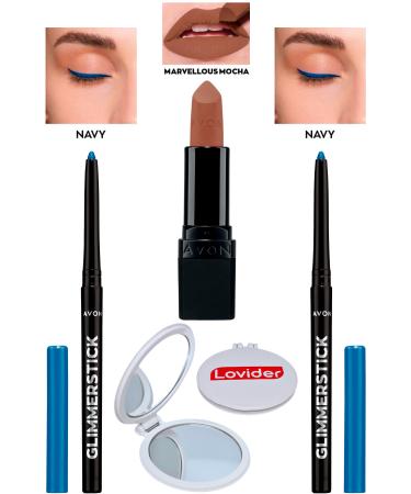 Avon Lift Eyeliner Navy 2 Pack + Marvellous Mocha Matte Lipstick + Lovider Pocket Mirror