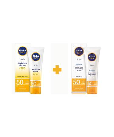 NIVEA Sun 50 Ml - Anti-Aging Q10 Spf 50 - Sun 50 Ml - Sensitive Skin Spf 50 2 Piece Set
