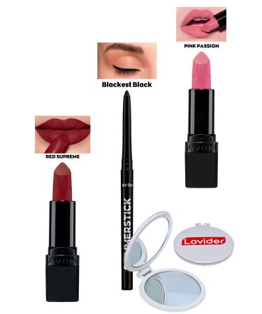 Avon Red Supreme Matte Lipstick + Black Eyeliner + Pink Passion Matte Lipstick + Lovider Pocket Mirror