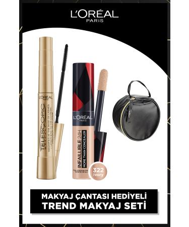 L'Oreal Paris Telescopic Gold Black Mascara + Infaillible All Face Concealer 322 Ivory + Black Bag