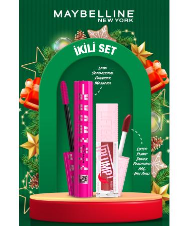 Maybelline New York Lash Sensational Firework Mascara & Lifter Plump Lip Gloss- 006 Hot Chili Makeup Set
