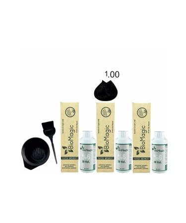 BioMagic Organic Keratin+Argan Oil Hair Dye 1.00 Black 60ml X3 Pieces+Oxidant 90ml+Dyeing Set
