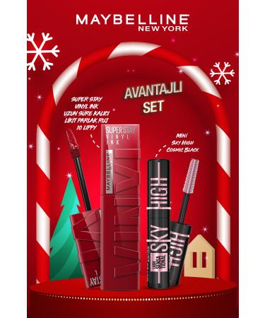 Maybelline New York Super Stay Vinyl Ink Long-Lasting Liquid Glossy Lipstick 10 Lippy & Mini Sky High Cosmic Black Mascara