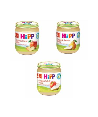 Hipp 125 gr Apple Puree Jar Food + 125 gr Pear Puree Jar Food + 125 gr Peach Puree