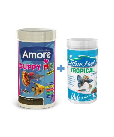 AMORE Guppy Mix Granules 1000ml + Bluefeel Tropical Granules 250ml Box Tropical Fish Food