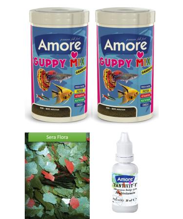 AMORE Guppy Mix Granules 2x250ml Box Sera Flora 30gr Flake Guppy Tropical Fish Food Multivitamin