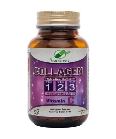 Yurdavit Hydrolyzed Collagen 900 Mg Type 1-2-3 Hyaluronic Acid Vitamin C 50 Tablets